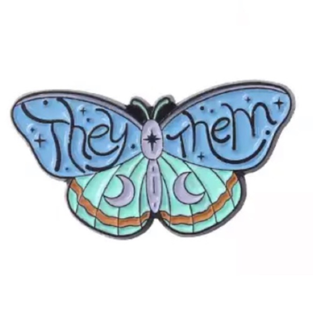 THEY/THEM Pronouns Pin Queer Nonbinary Pronoun Butterfly Badge Inclusive Brooch